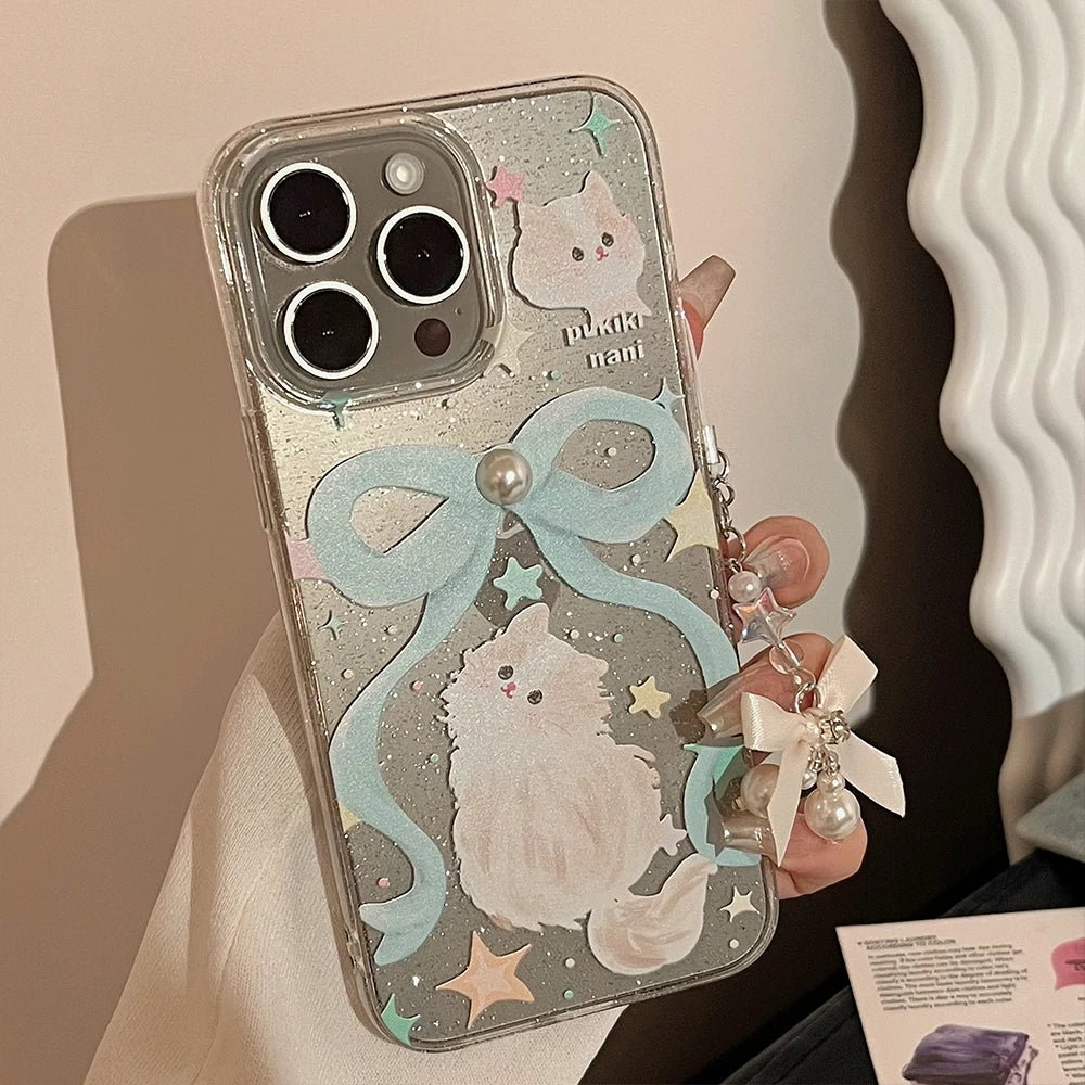 Ribbon Cat iPhone Case – Pearl Bow Lanyard & Shockproof Cover