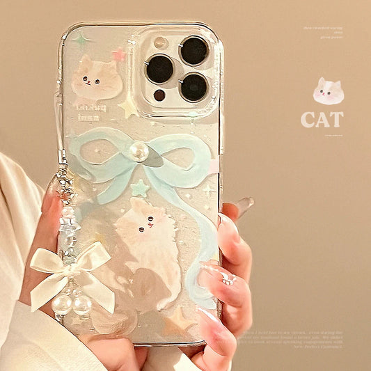 Ribbon Cat iPhone Case – Pearl Bow Lanyard & Shockproof Cover