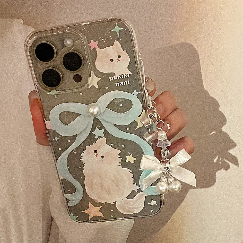 Ribbon Cat iPhone Case – Pearl Bow Lanyard & Shockproof Cover