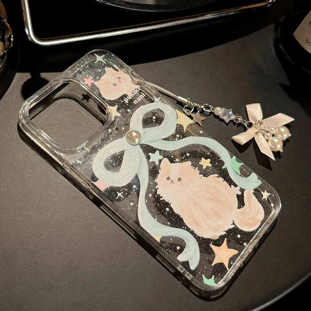 Ribbon Cat iPhone Case – Pearl Bow Lanyard & Shockproof Cover