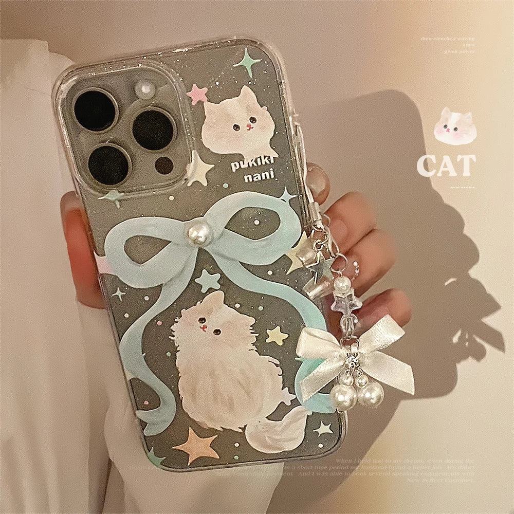 Ribbon Cat iPhone Case – Pearl Bow Lanyard & Shockproof Cover