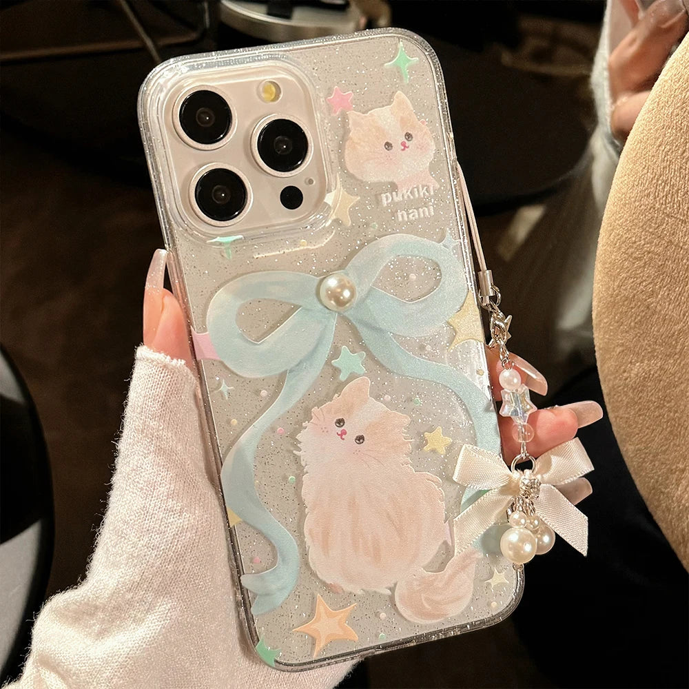Ribbon Cat iPhone Case – Pearl Bow Lanyard & Shockproof Cover