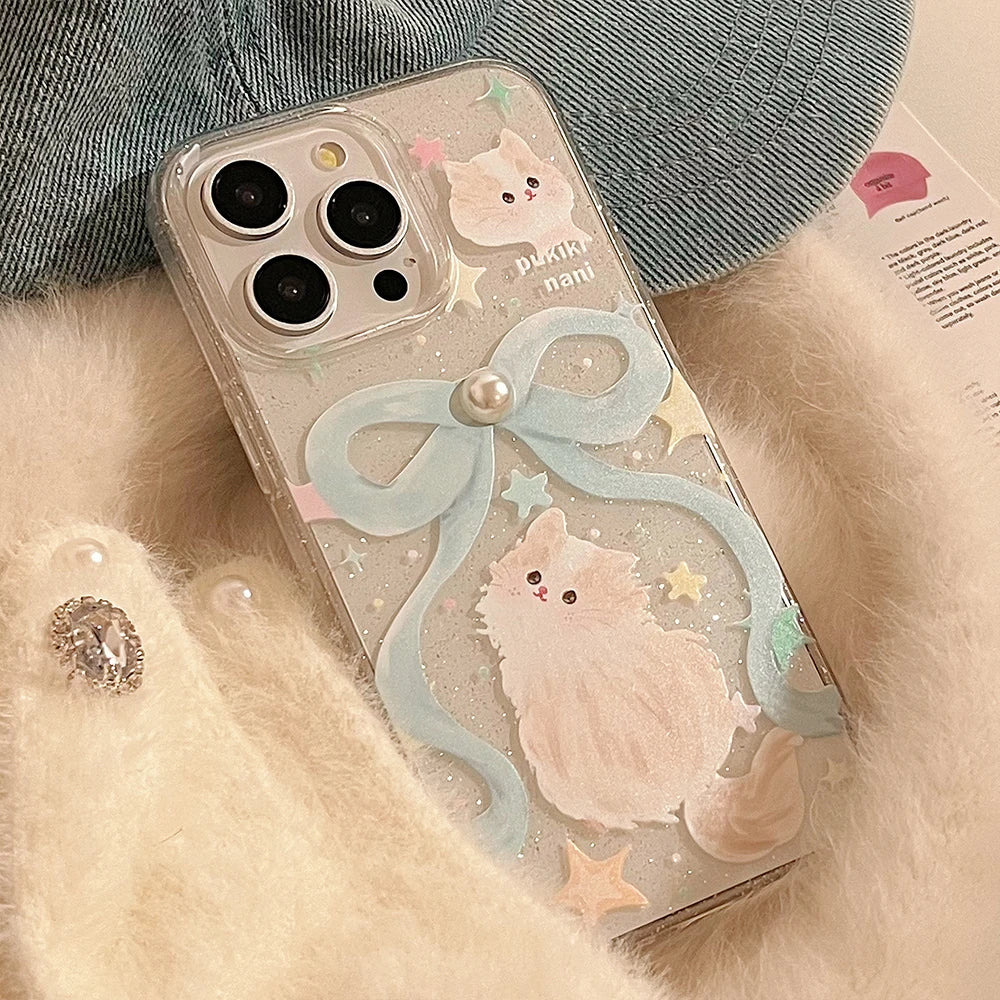 Ribbon Cat iPhone Case – Pearl Bow Lanyard & Shockproof Cover