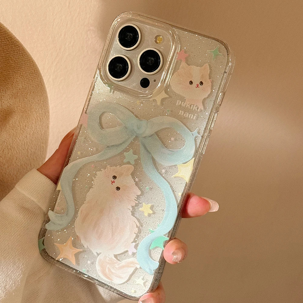 Ribbon Cat iPhone Case – Pearl Bow Lanyard & Shockproof Cover