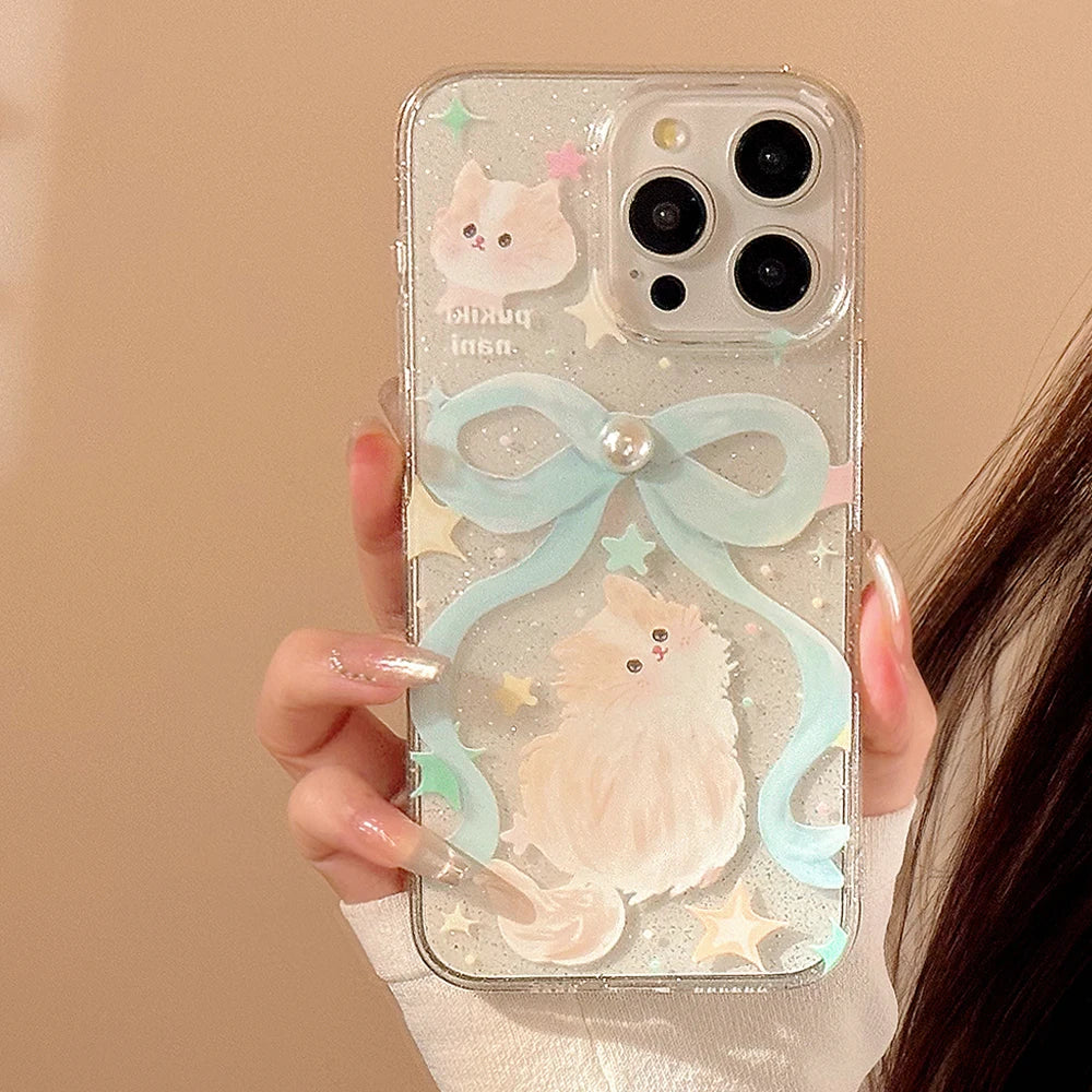 Ribbon Cat iPhone Case – Pearl Bow Lanyard & Shockproof Cover