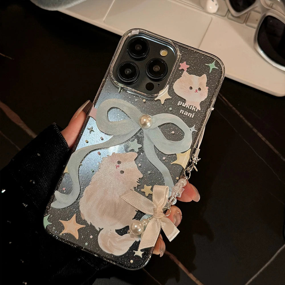 Ribbon Cat iPhone Case – Pearl Bow Lanyard & Shockproof Cover