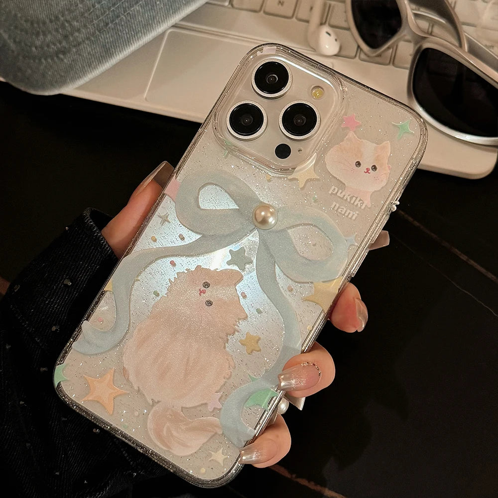 Ribbon Cat iPhone Case – Pearl Bow Lanyard & Shockproof Cover